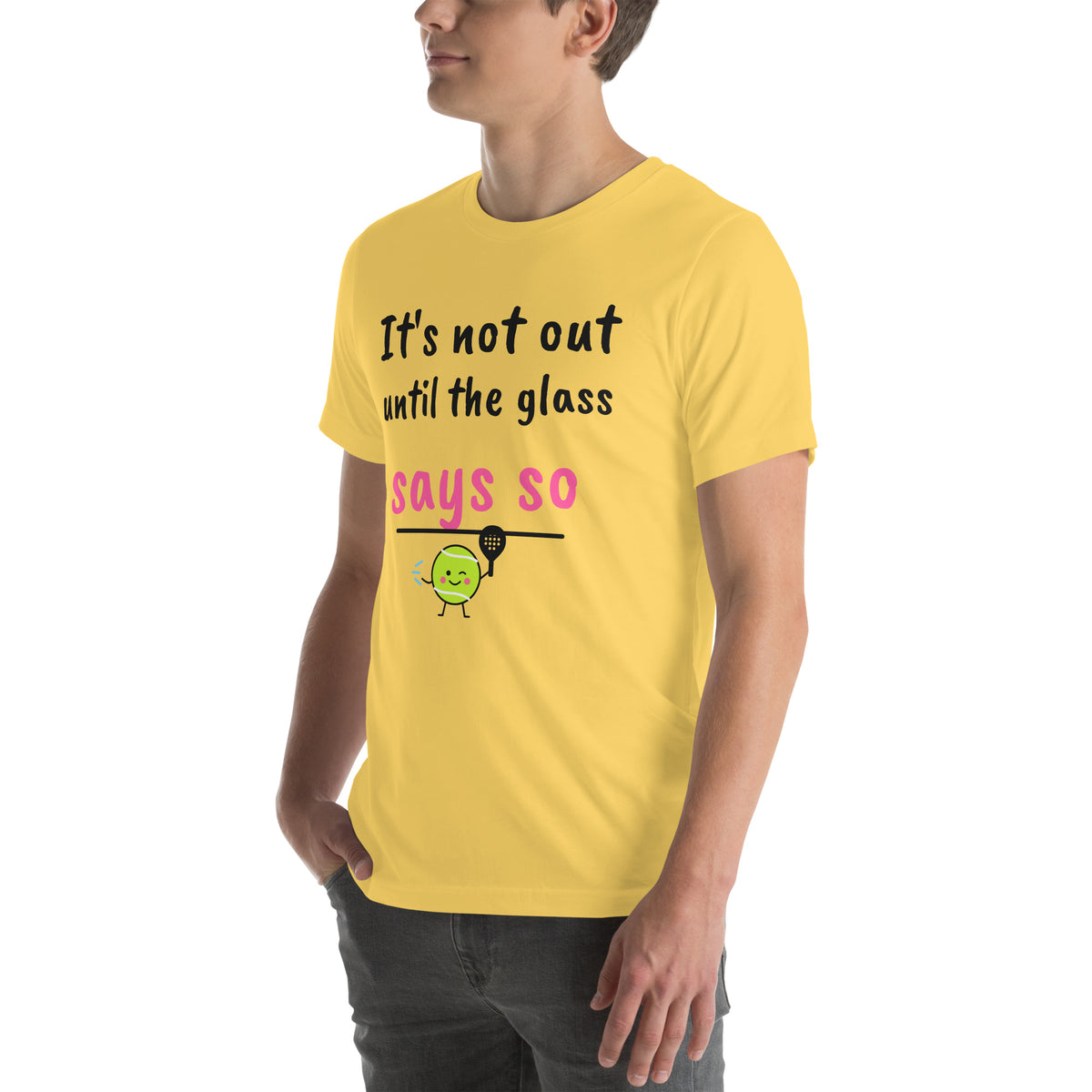 Front-left view of the yellow Glass Says So Padel Tee