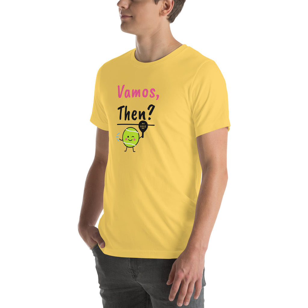 Front-left view of the yellow Vamos, Then? Padel Tee