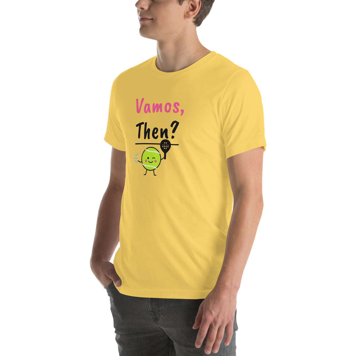 Front-left view of the yellow Vamos, Then? Padel Tee