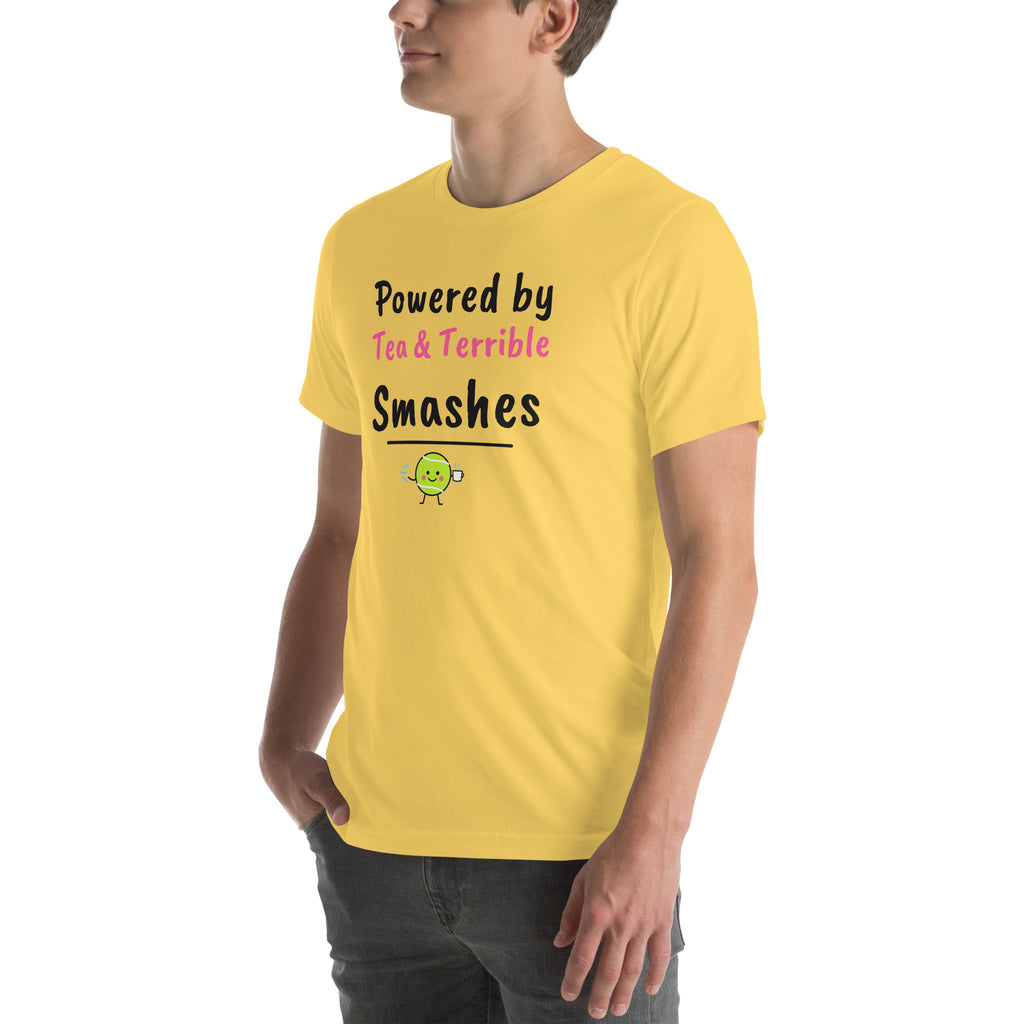 Front-left view of the yellow Tea & Terrible Smashes Padel Tee
