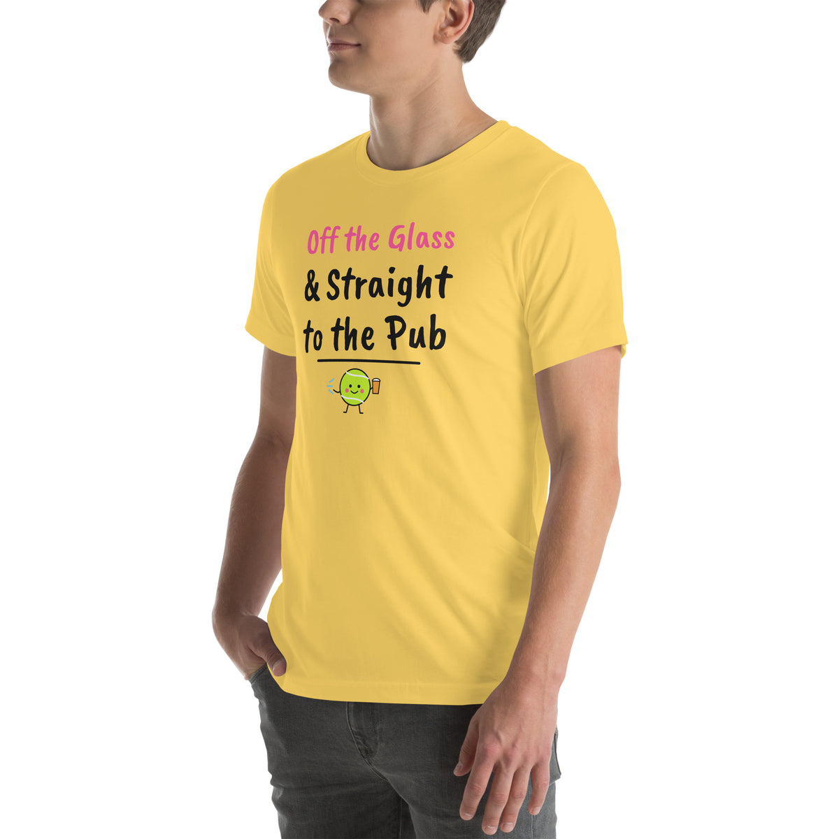 Front-left view of the yellow Off the Glass Padel Tee