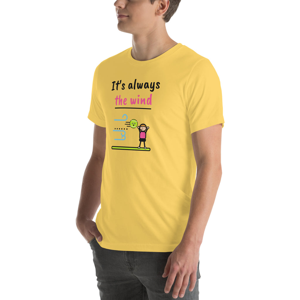 Front-left view of the yellow It's Always The Wind Padel Tee