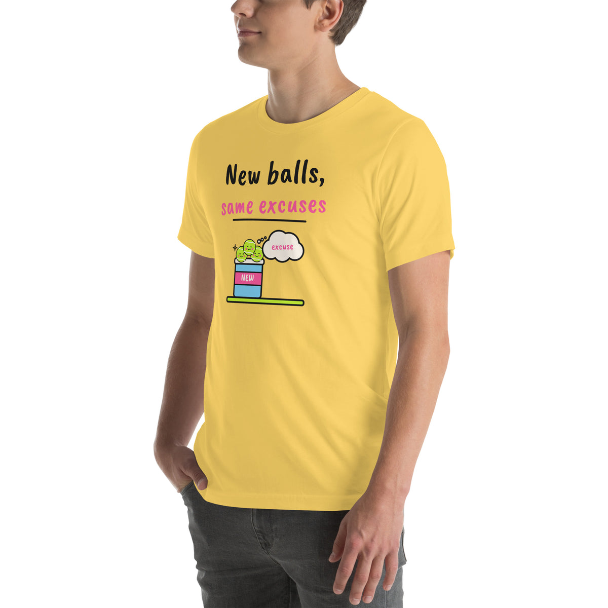 Front-left view of the yellow New Balls, Same Excuses Padel Tee