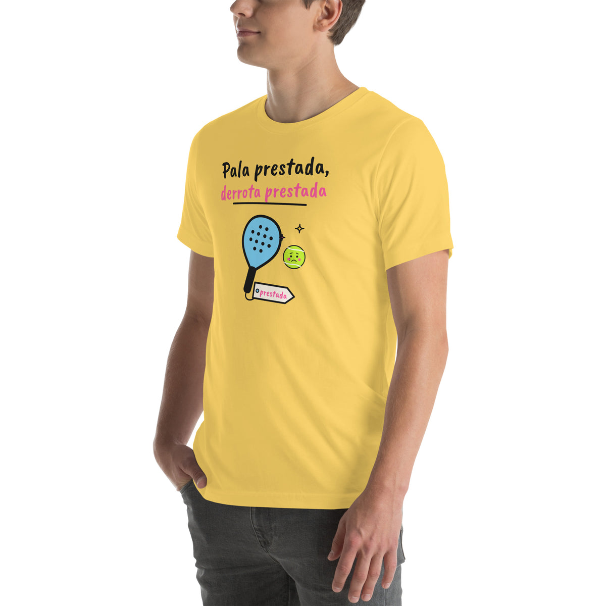 Front-left view of the yellow Pala Prestada, Derrota Prestada Padel Tee