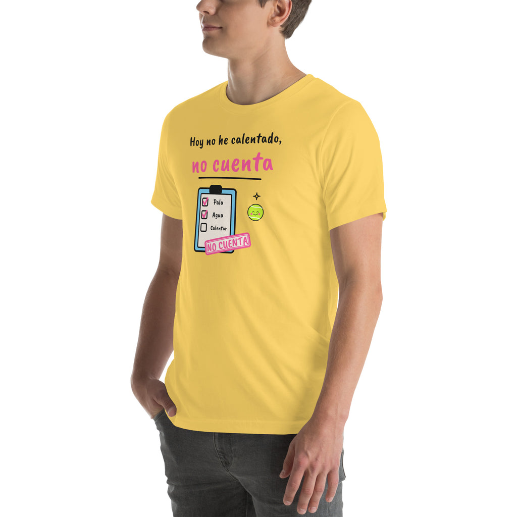 Front-left view of the yellow Hoy No He Calentado, No Cuenta Padel Tee
