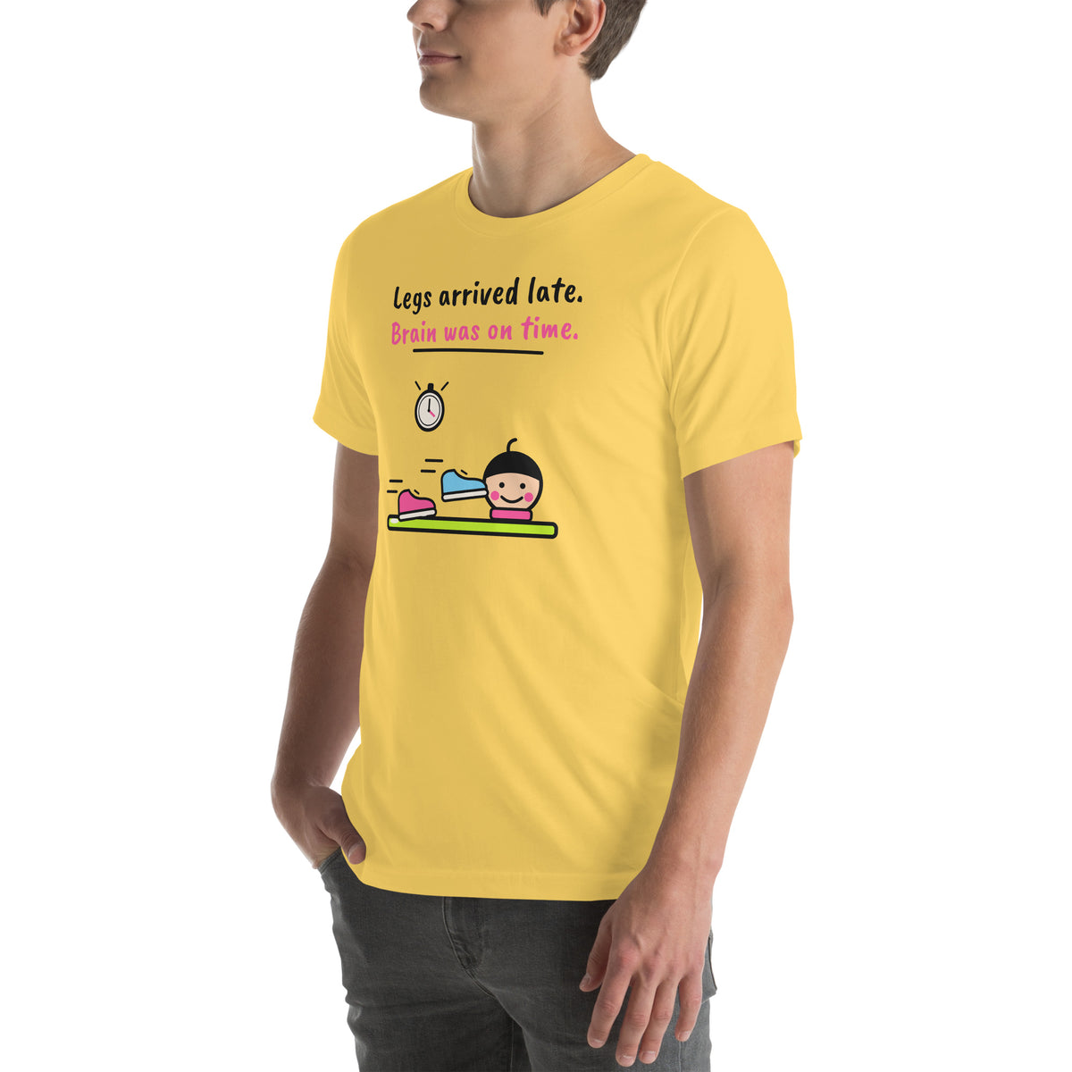 Front-left view of the yellow Legs Arrived Late. Brain Was On Time. Padel Tee