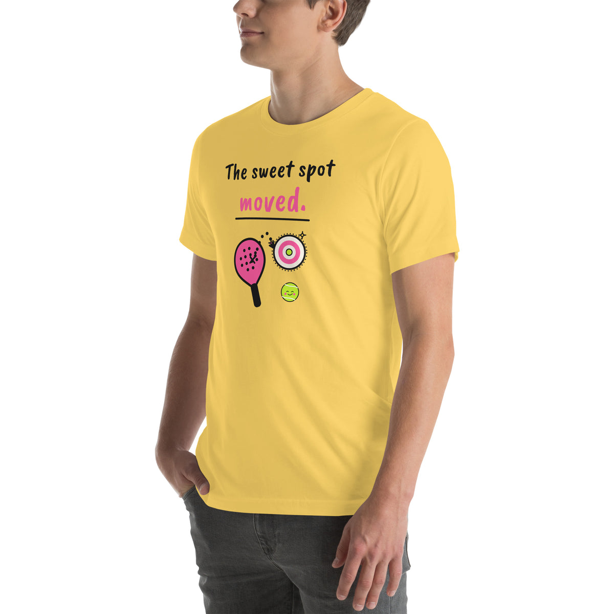 Front-left view of the yellow The Sweet Spot Moved. Padel Tee