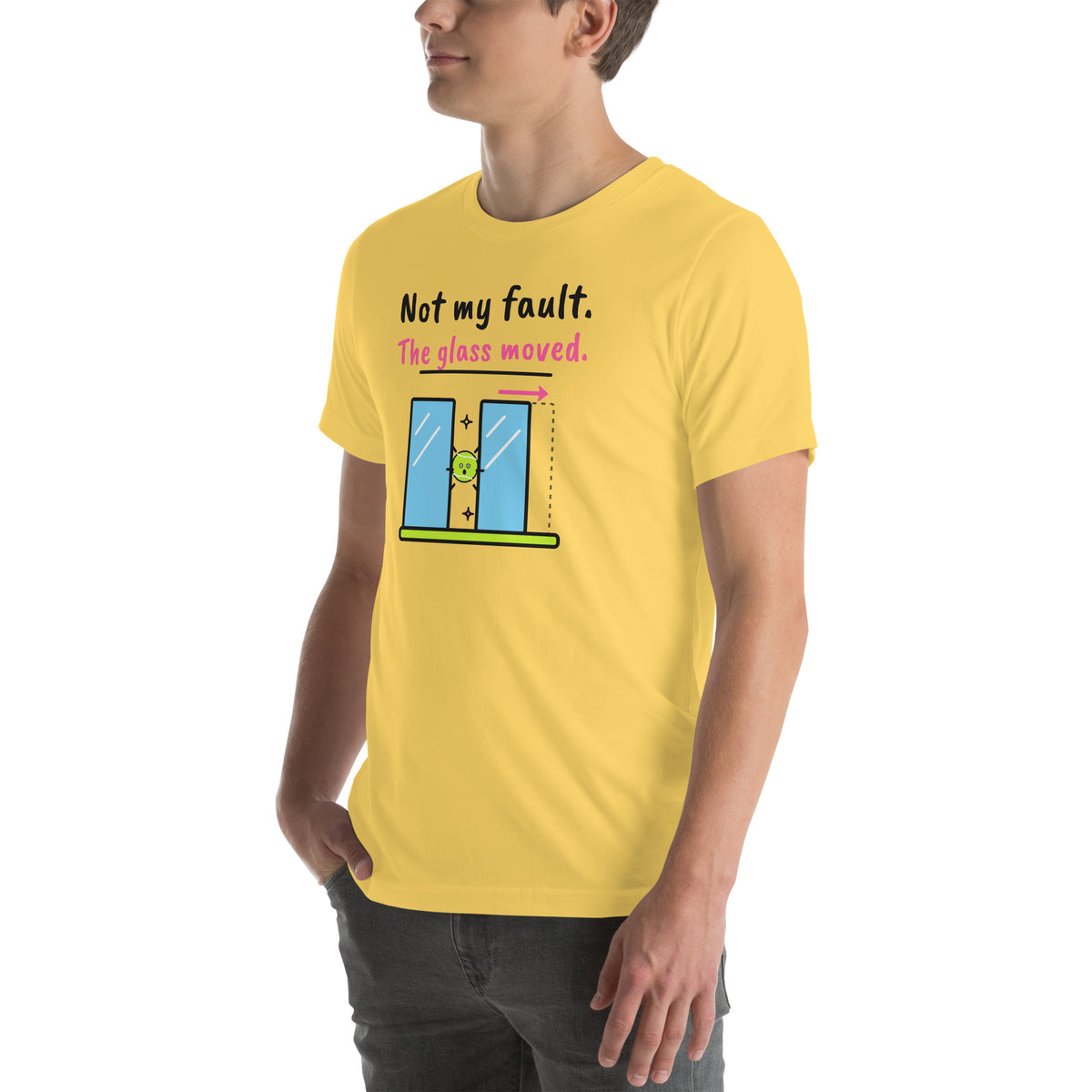 Front-left view of the yellow Not My Fault. The Glass Moved. Padel Tee