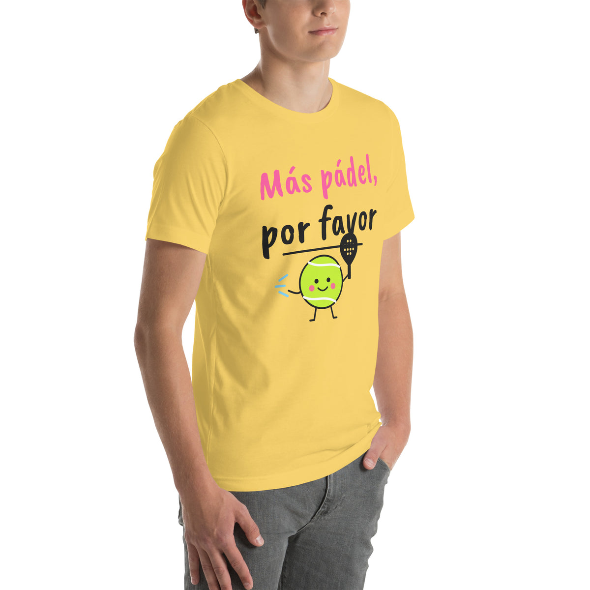 Front-right view of the yellow Más Pádel, Por Favor Padel Tee