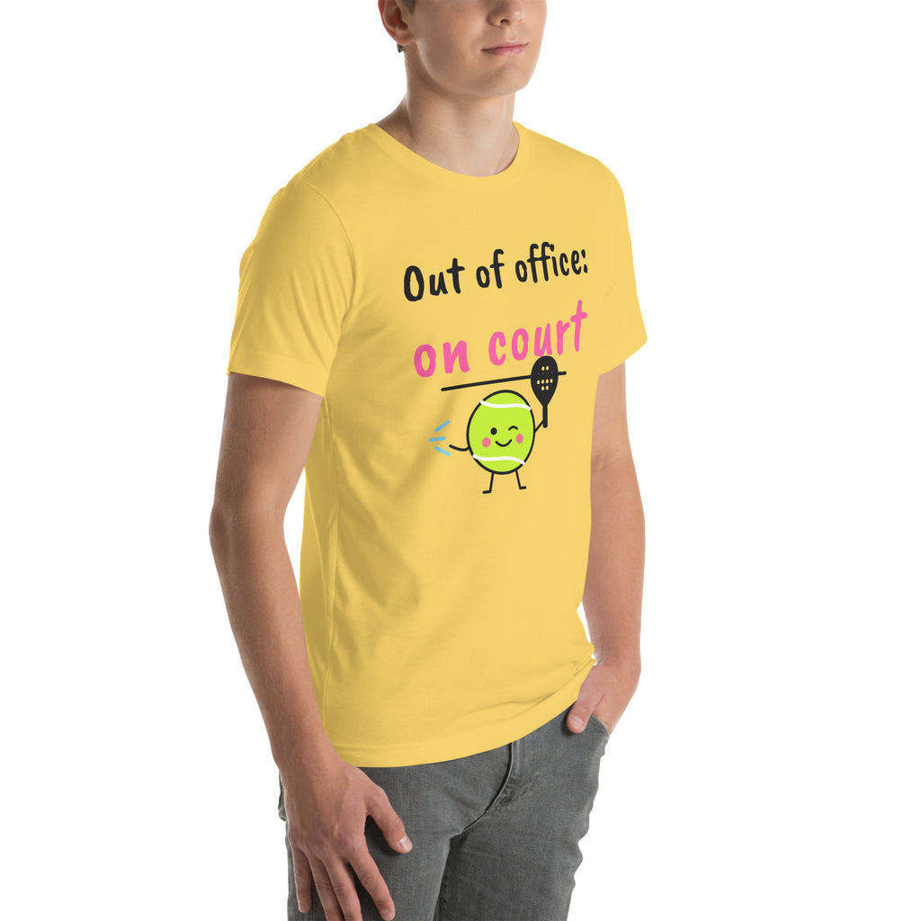 Front-right view of the yellow Out of Office Padel Tee