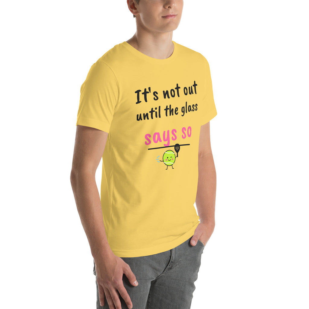 Front-right view of the yellow Glass Says So Padel Tee