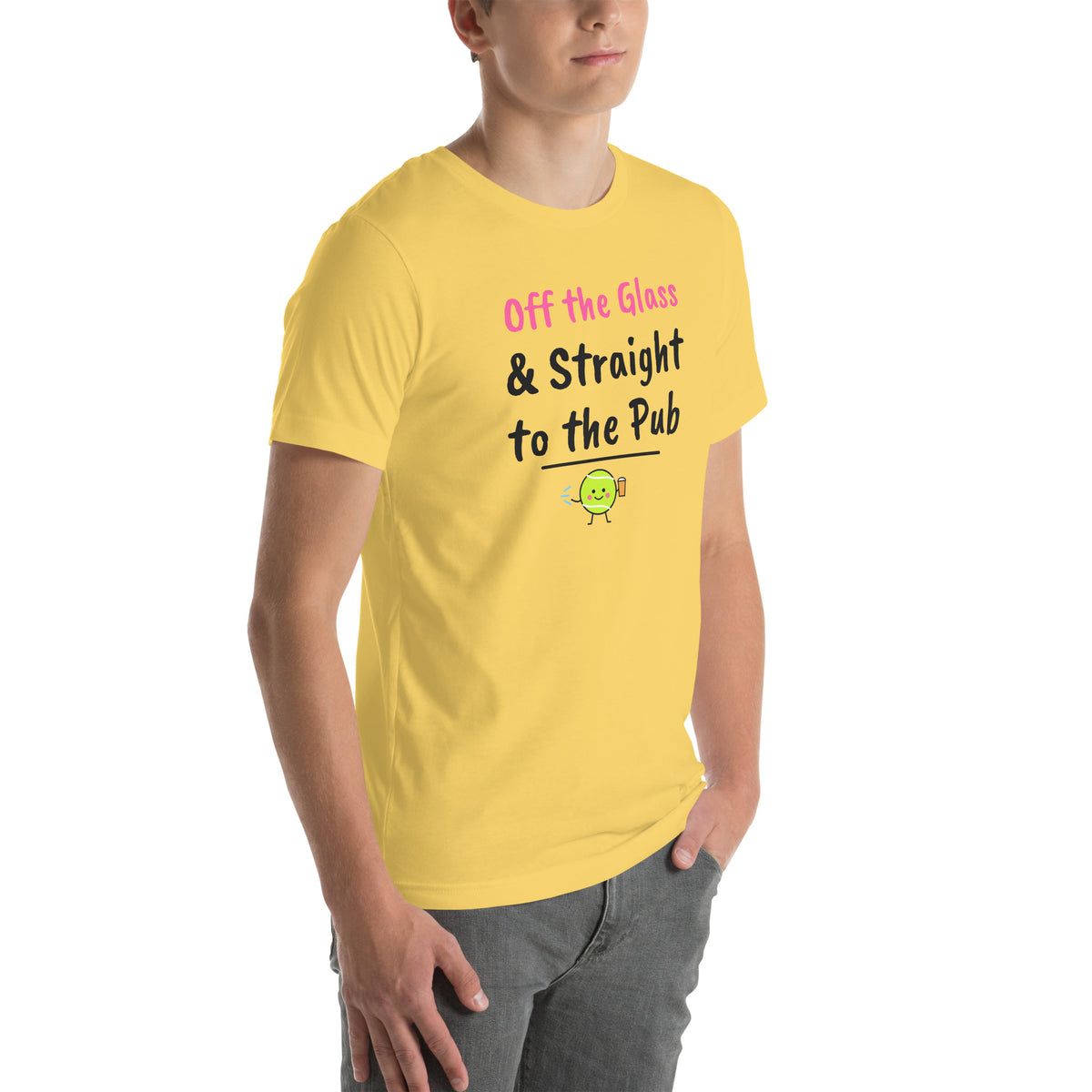 Front-right view of the yellow Off the Glass Padel Tee
