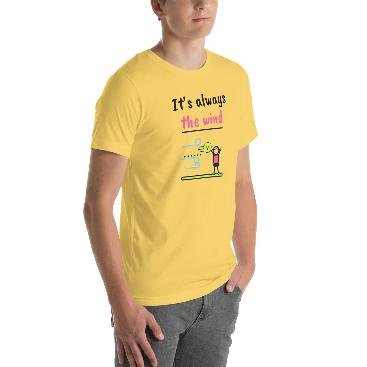 Front-right view of the yellow It's Always The Wind Padel Tee