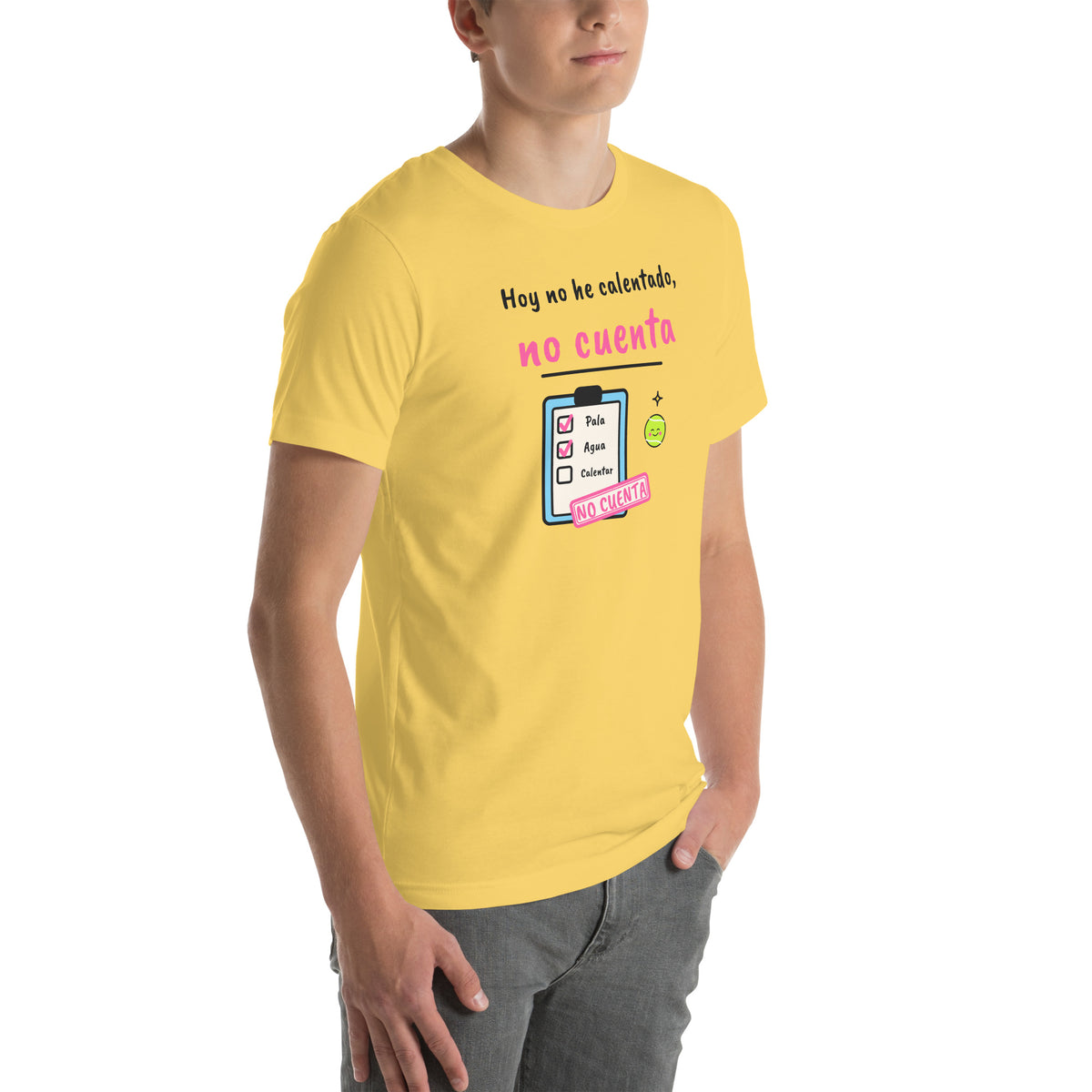 Front-right view of the yellow Hoy No He Calentado, No Cuenta Padel Tee