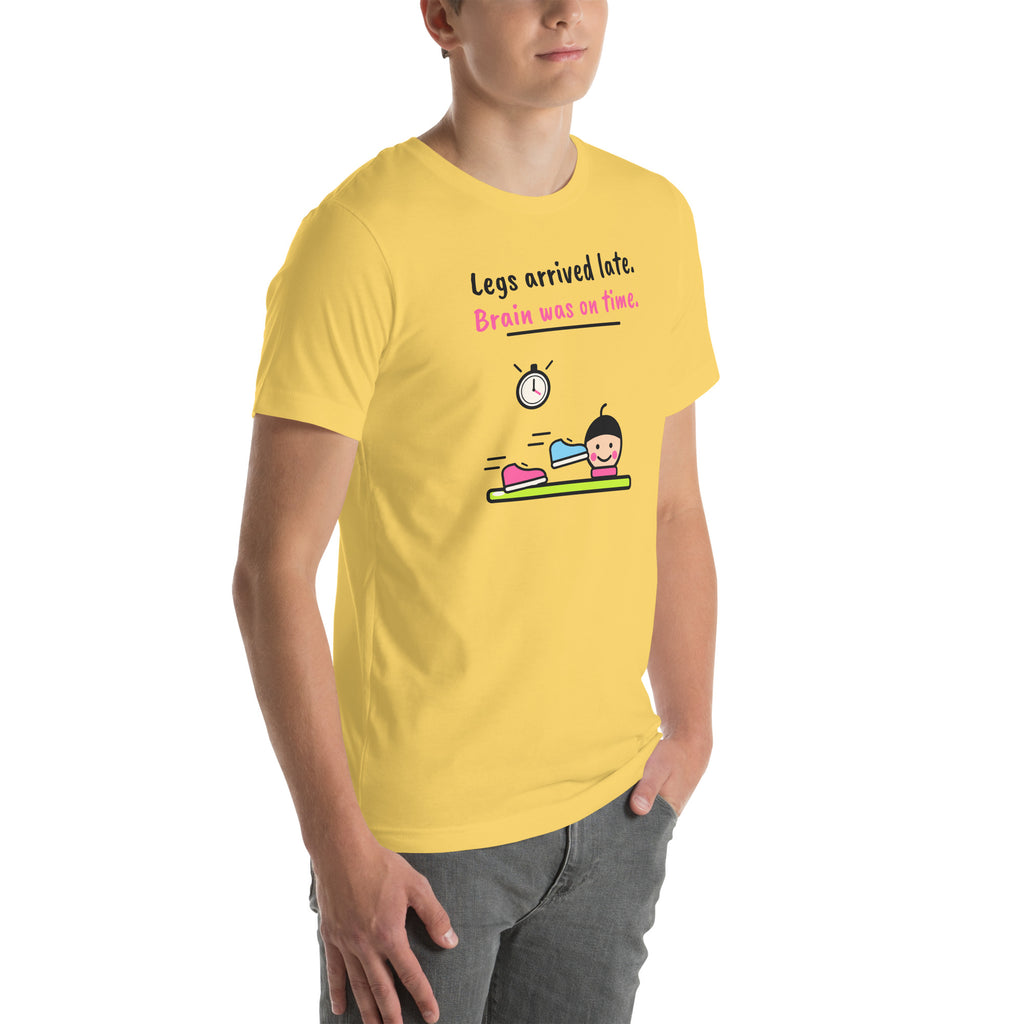 Front-right view of the yellow Legs Arrived Late. Brain Was On Time. Padel Tee