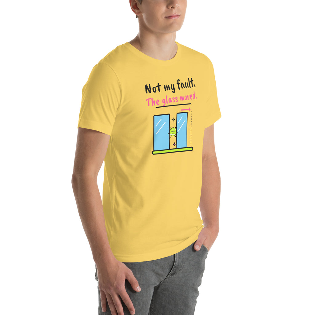 Front-right view of the yellow Not My Fault. The Glass Moved. Padel Tee