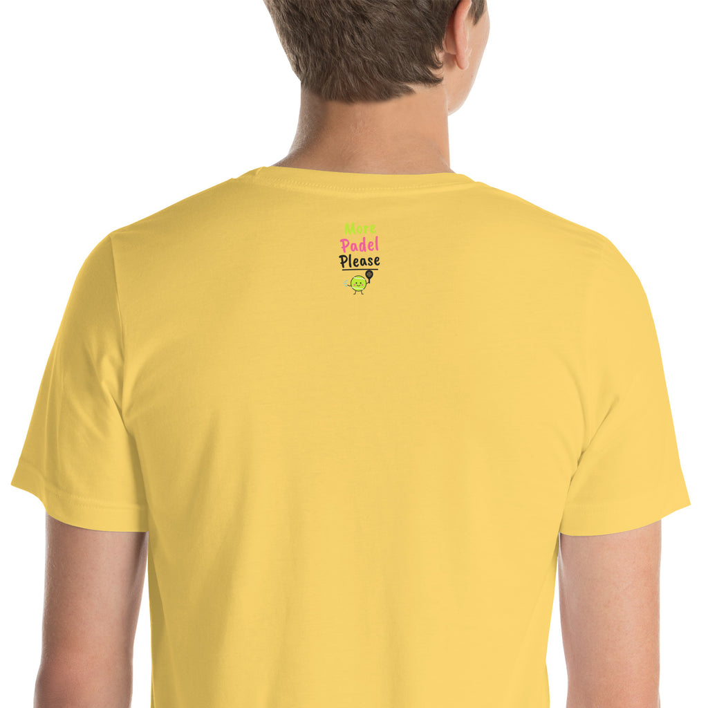 Close-up of the More Padel Please logo under the collar on the back of the yellow Lob-ster Padel Tee